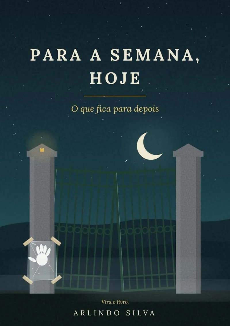 Capa do lado 1: um portão verde torto entre dois pilares de pedra, à noite, com a lua em quarto crescente. Por baixo, «Vira o livro.»